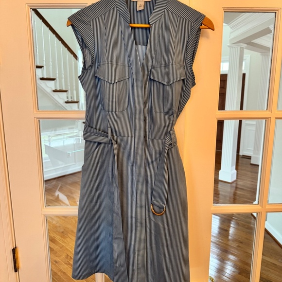 White House Black Market (WHBM) Seersucker Utility Midi Dress, BLUE/WHITE, SZ 4 - Picture 2 of 10